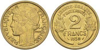 ФРАНЦИЯ 2 ФРАНКА 1939 ТИП MORLON KM 886, LE FRANC 268.12 алюминиевая бронза 3855-135