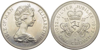 Остров Мэн 1 крона 1977 Серебряный юбилей правления королевы Елизаветы II, три короны KM 41 медно-никель UNC 107-435