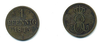 Ганновер 1 пфенниг 1845 B, Эрнст Август (1837-1851) KM 201.1, AKS 129, J. 74 медь 35-758