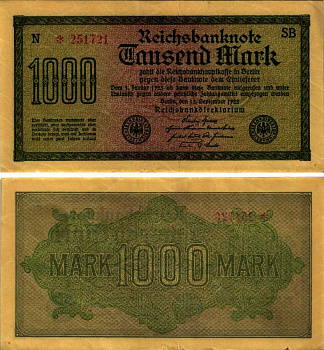 ГЕРМАНИЯ 1000 МАРОК 1922 15 СЕНТЯБРЯ 1922, ВОДЯНОЙ ЗНАК I, ЖЕЛТАЯ БУМАГА, СЕРИЯ SВ Pick 76b, Rosenberg 75d бумага 7183-62-2-2