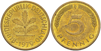 ФРГ 5 пфеннигов 1979 G KM 107, J. 382 сталь плакированная латунью 4514-1021