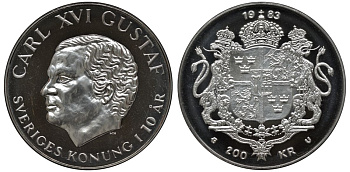Швеция 200 крон 1983 Карл XVI Густав (1973- ), 10 лет правления KM 862 серебро BUNC 443-1221