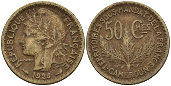 Камерун 50 сантимов 1926 (a), мондвор Париж KM 1 алюминиевая бронза 4169-724
