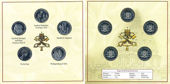 Сомали набор из 5 монет по 1 доллару 2006 Бенедикт XVI, первый немецкий папа римский почти за 500 лет, в картонном буклете, тираж 30000 экз. медно-никель BUNC 5-4-3-10