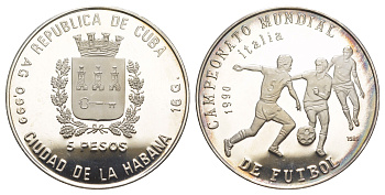 Куба 5 песо 1989 Чемпионат мира по футболу 1990, Италия, игроки KM 225 серебро PROOF 603-431