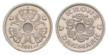 Дания 1 крона 2001 Маргрете II (1972-2024) KM 873 медно-никель UNC 4658-313