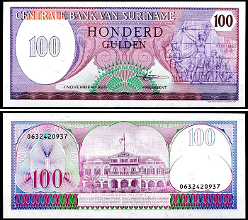 Суринам 100 гульденов 1985 Pick 128 b бумага UNC (пресс) 402-52-2-1