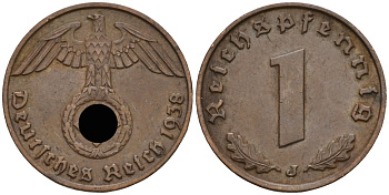 Германия 1 рейхспфенниг 1938 J KM 89, J 361 бронза 4136-1248