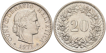 Швейцария 20 раппенов 1971 KM 29а медно-никель 4592-925