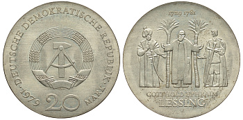 ГДР 20 марок 1979 А, 250 лет со дня рождения Готвальда Лессинга KM 74 серебро UNC 413-5132