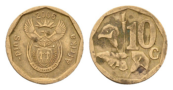 ЮАР 10 центов 2006 герб, цветок алоэ KM 487 сталь плакированная бронзой 4178-135