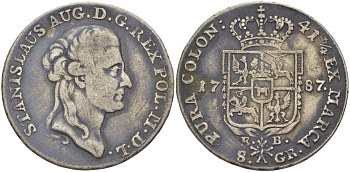 Польша 8 грошей (2 злотых) 1787 EB, Станислав II Август Понятовский (1764-1794), вес 9,25 г KM 209.1 (C54), Kopinski 412.1 серебро 00-809-85