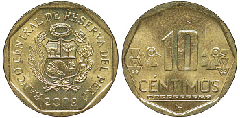 Перу 10 сентимо 2009 KM 305.4 латунь aUNC 4605-636