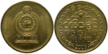 Шри-Ланка 1 рупия 2009 KM 136.3 сталь плакированная латунью UNC 4567-814