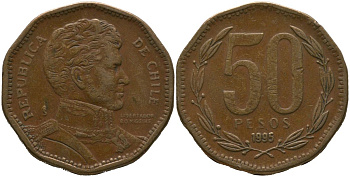 Чили 50 песо 1995 So KM 219.2, Schon 70 алюминиевая бронза 4544-315