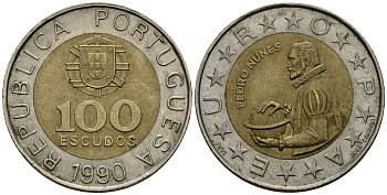 Португалия 100 эскудо 1990 Педру Нуниш (1502-1578), математик KM 645.1 биметалл 4551-814