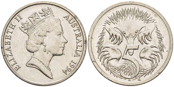 Австралия 5 центов 1994 Елизавета II (1952-), ехидна KM 80 медно-никель 4516-711