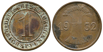 ГЕРМАНИЯ 1 РЕЙХСПФЕННИГ 1932 A KM 37, J. 313 бронза 4380-1227