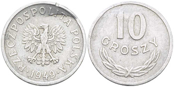 ПОЛЬША 10 ГРОШЕЙ 1949 KM 42a алюминий 211-648