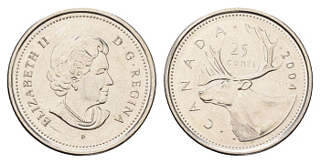 Канада 25 центов 2004 Leaf, Елизавета II (1952-2022), олень KM 493 сталь плакированная никелем UNC 4678-1136