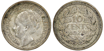 Нидерланды 10 центов 1928 Вильгельмина I (1890-1948) КМ 163 серебро 4174-142