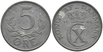 Дания 5 эре 1944 N; S, Кристиан X (1912-1947) KM 834а цинк 32-536