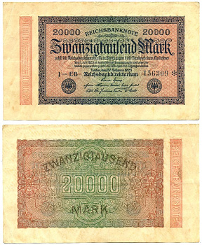 ГЕРМАНИЯ 20000 МАРОК 1923 20 ФЕВРАЛЯ 1923, ВОДЯНОЙ ЗНАК J Pick 85f бумага 7146-10-3-2