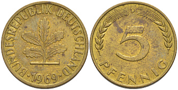 ФРГ 5 пфеннигов 1969 D KM 107, J. 382 сталь плакированная латунью 4514-446