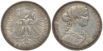 Франкфурт 1 талер 1862 KM 370, Jaeger 42b, AKS 10, Thun. 144, Kahnt 170 серебро 413-4543