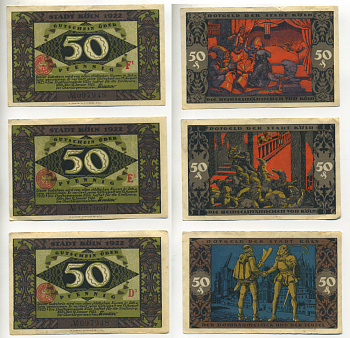 КЁЛЬН НАБОР ИЗ 3 БАНКНОТ ПО 50 ПФЕННИГОВ 1922 НОТГЕЛЬД, ГОРОД КЕЛН, СКАЗОЧНАЯ СЕРИЯ, ГНОМЫ, 50, 50, 50 ПФЕННИГОВ, 12 ЯНВАРЯ 1922-15 АВГУСТА 1922 Grabowski 717.2 бумага 70-7-4
