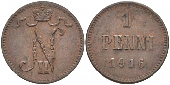 РОССИЯ ДЛЯ ФИНЛЯНДИИ 1 ПЕННИ 1916 НИКОЛАЙ II (1895-1917) KM 13, Биткин 476 медь 211-1068
