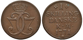 Дания 1 скиллинг 1771 Кристиан VII (1766-1808) KM 617 медь 443-1135