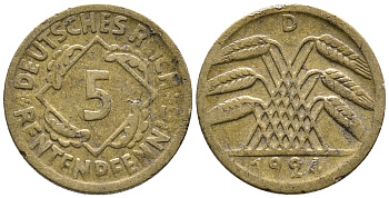 ГЕРМАНИЯ 5 РЕНТЕНПФЕННИГОВ 1924 D KM 32, J. 308 алюминиевая бронза 39-524