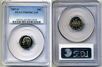 США 10 центов (дайм) 2007 S, президент Рузвельт, в слабе PCGS PR69CAM KM 195а медь плакированная медно-никелем PROOF 15-002-13