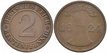 ГЕРМАНИЯ 2 РЕНТЕНПФЕННИГА 1924 J KM 31, J.307 бронза 110-234