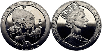 Остров Мэн 1 крона 1995 год свиньи, свинья с поросятами KM 453 медно-никель UNC M90-20