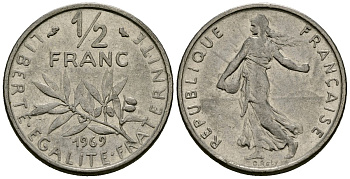 Франция 1/2 франка 1969 сеятель KM 931 никель 4135-653