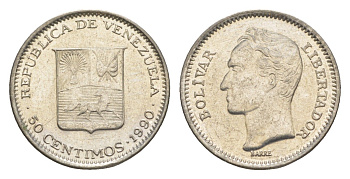 Венесуэла 50 сентимо 1990 Симон Боливар Y 41a сталь плакированная никелем 4584-547