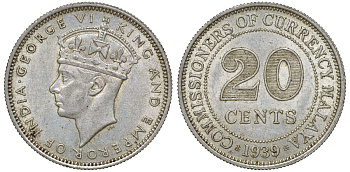 Британская Малайя 20 центов 1939 Георг VI (1937-1952) KM 5 серебро 53-354