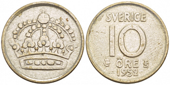 Швеция 10 эре 1952 TS, Густав VI Адольф (1950-1973) KM 823 серебро 4547-1056