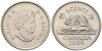 Канада 5 центов 2004 P, Елизавета II (1952-2022), бобер KM 491 сталь плакированный никелем UNC 4381-543