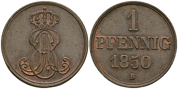 Ганновер 1 пфенниг 1850 B, Эрнст Август (1837-1851) KM 201.1, AKS 129, J. 74 медь 4608-1066