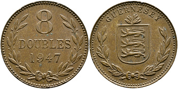 Гернси 8 даблов (дублей) 1947 Н KM 14 бронза 4383-733