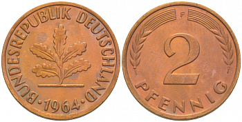 ФРГ 2 ПФЕННИГА 1964 F KM 106, J.381 бронза 3718-363