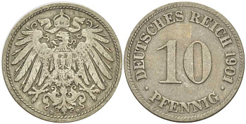 Германия 10 пфеннигов 1901 D KM 12, J. 13, Weege 8 медно-никель 259-825