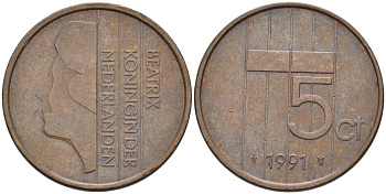 Нидерланды 5 центов 1991 Беатрикс (1980-2013) KM 202 бронза 4573-425