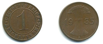 ГЕРМАНИЯ 1 РЕЙХСПФЕННИГ 1935 A KM 37, J.313 бронза 35-156