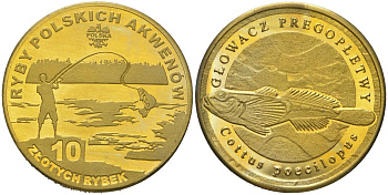 Польша 10 злотых рыб ND (2008, 2009, 2010) Рыба, подкаменщик, диаметр 32,5 мм, вес 13,2 гр латунь PROOF 1085-8-61