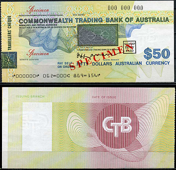 Австралия, Оптовый банк 50 долларов ND дорожные чек, образец Specimen   бумага  UNC (пресс) 444-35-1-2