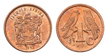 ЮАР 1 цент 1991 герб, капские воробьи KM 132 сталь плакированная медью UNC 4690-1266